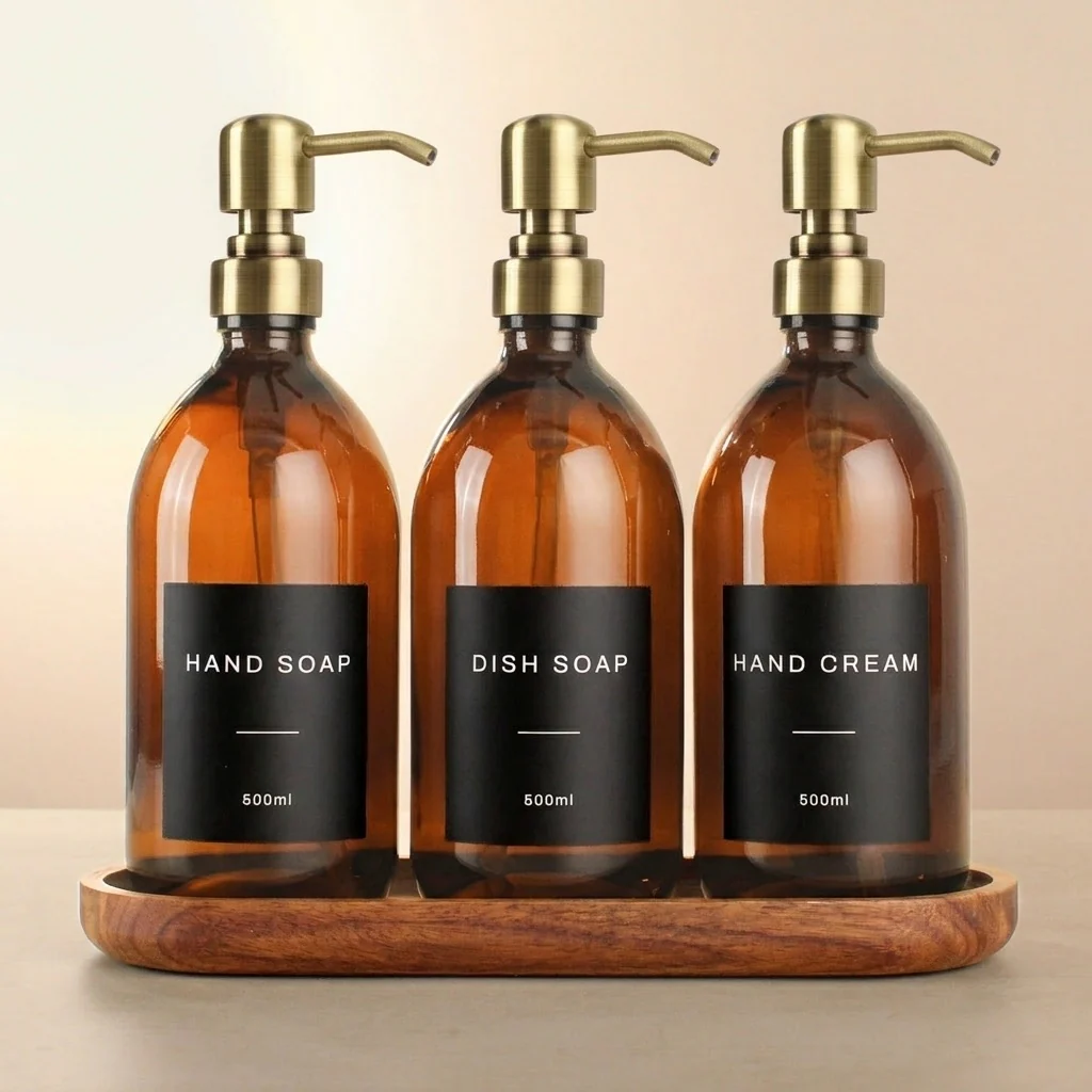 Acacia Tray & Amber Glass Dispenser Triple Set - Image 10