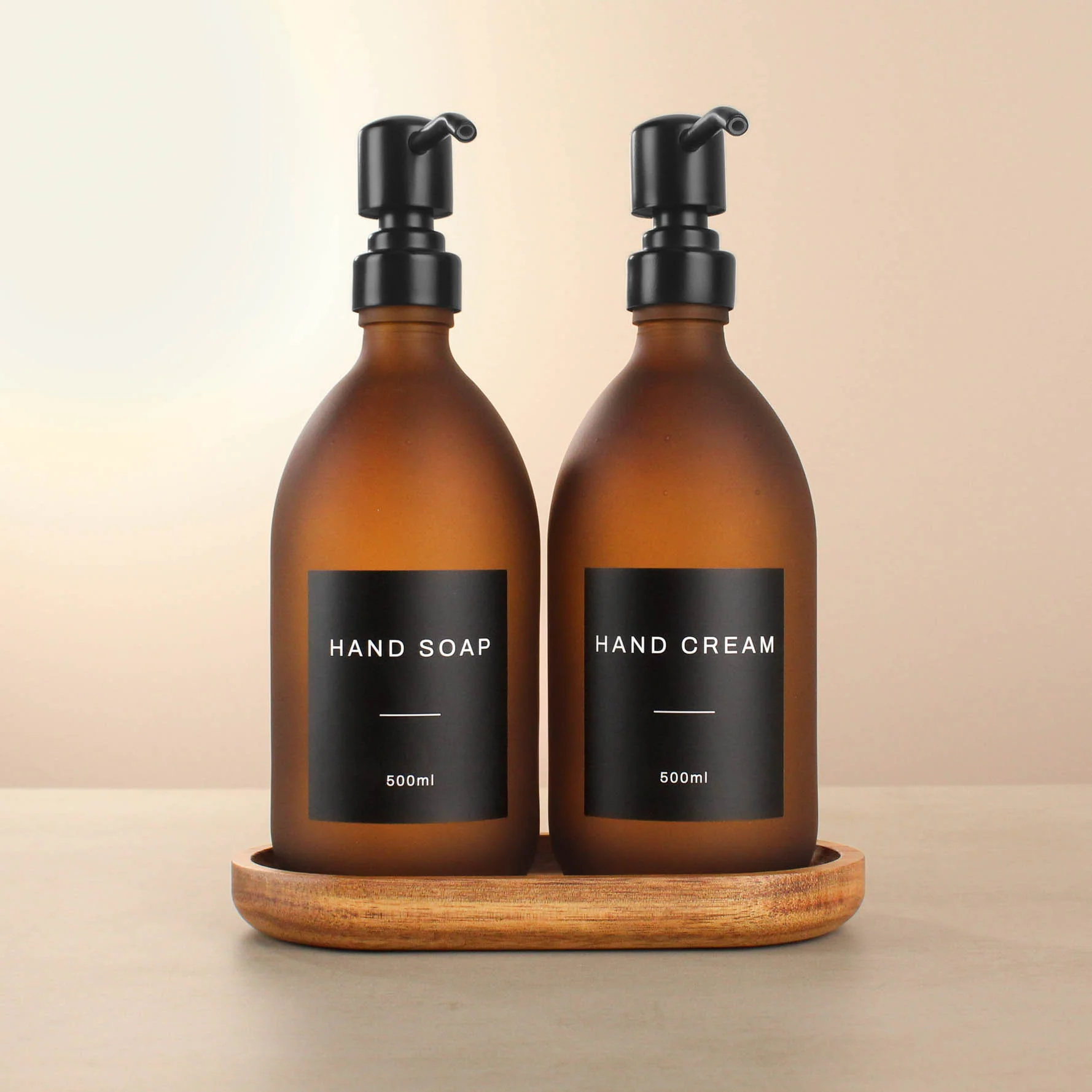 Acacia Tray & Frosted Amber Glass Dispenser Double Set - Image 16