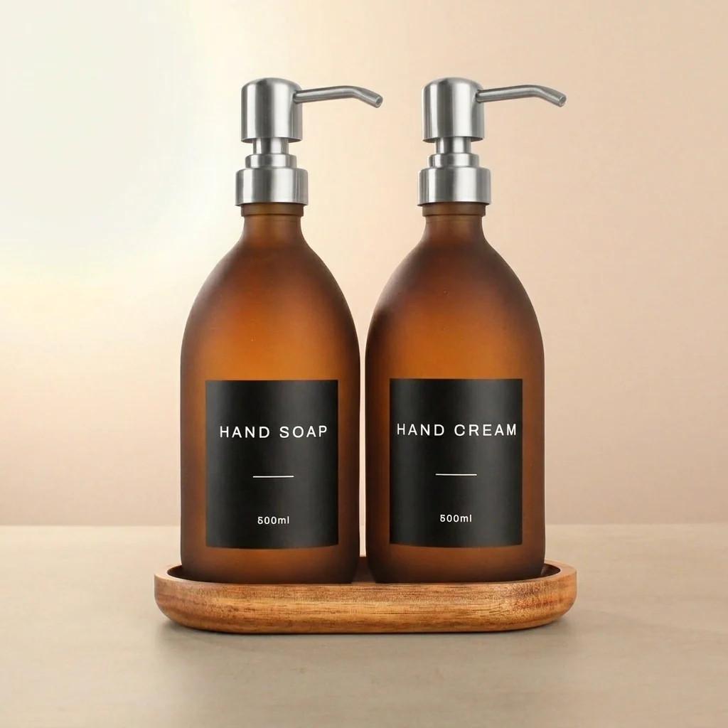 Acacia Tray & Frosted Amber Glass Dispenser Double Set - Image 20