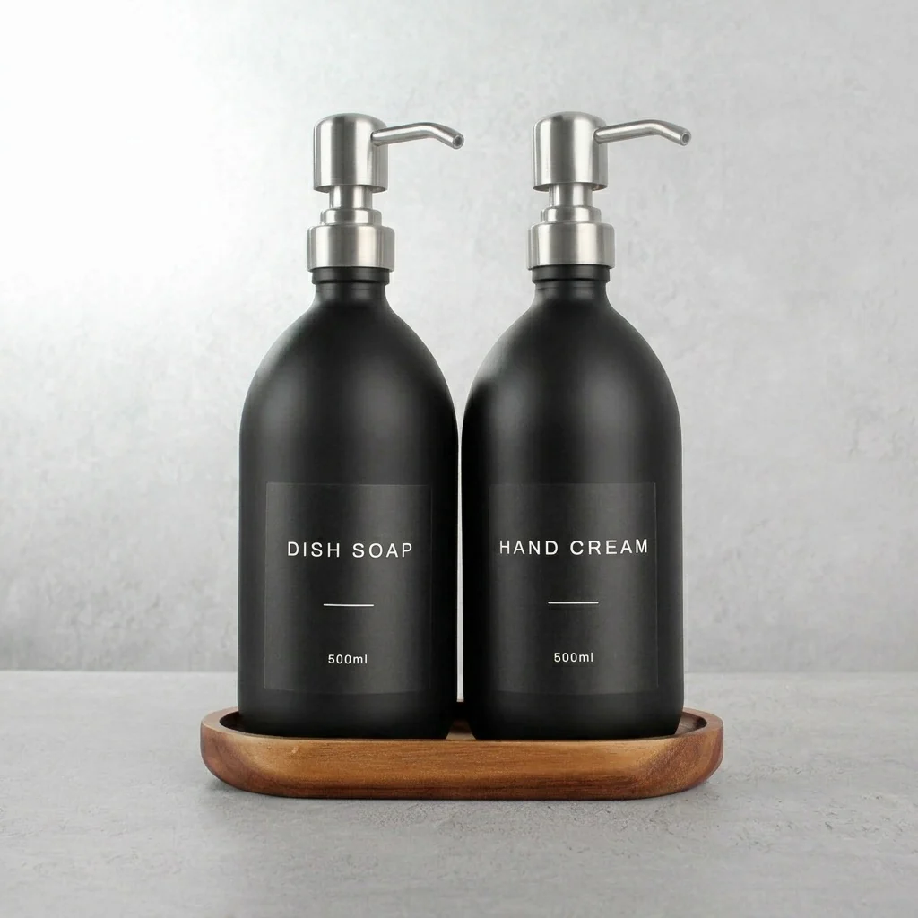 Acacia Tray & Matte Black Glass Dispenser Double Set - Image 15