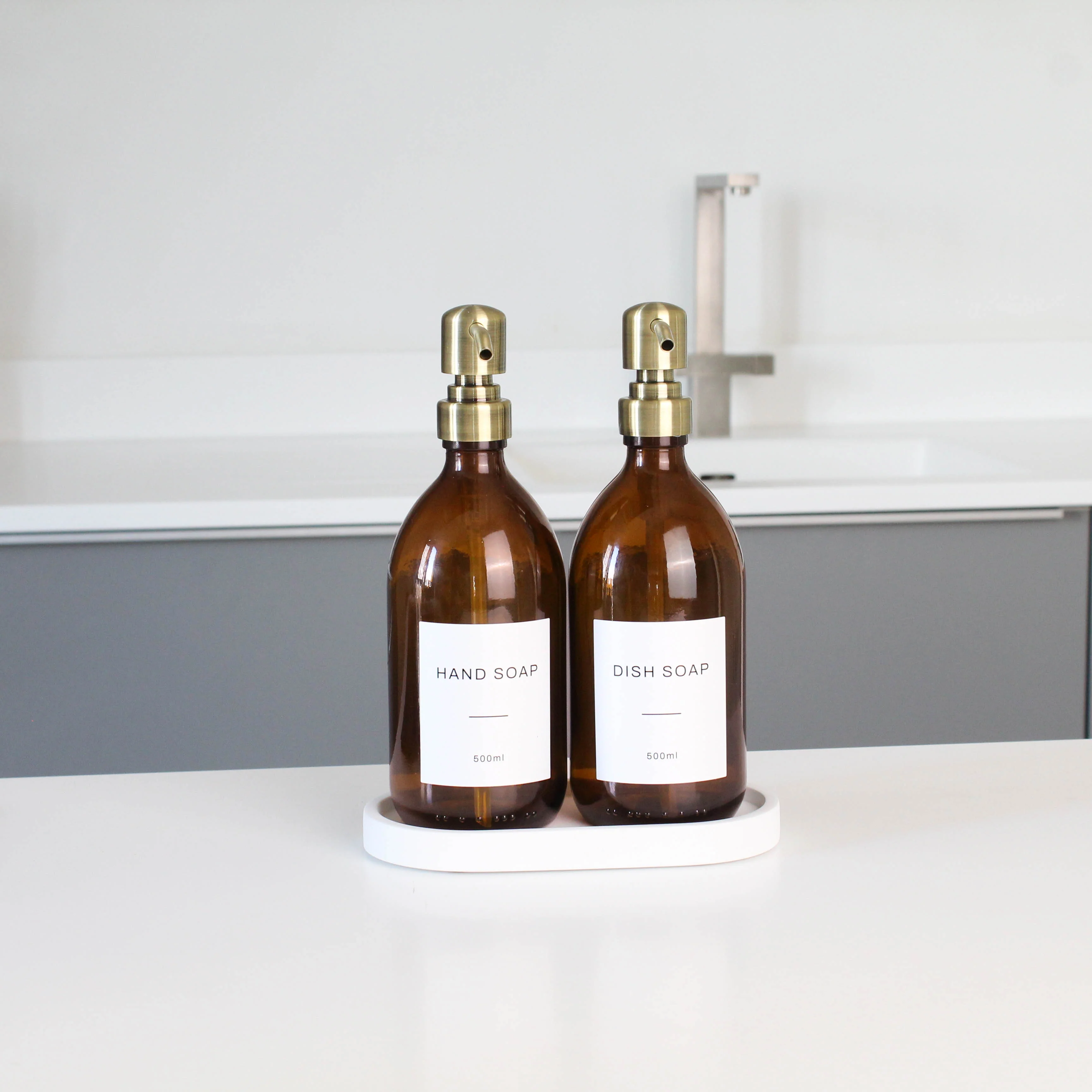White Tray & Amber Glass Dispenser Double Set - Image 6