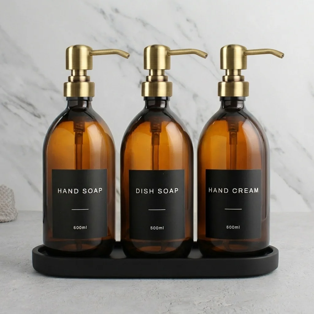 Black Tray & Amber Glass Dispenser Triple Set - Image 16