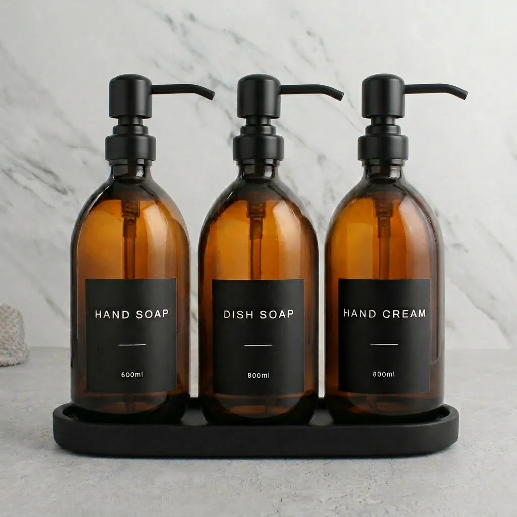 Black Tray & Amber Glass Dispenser Triple Set - Image 20