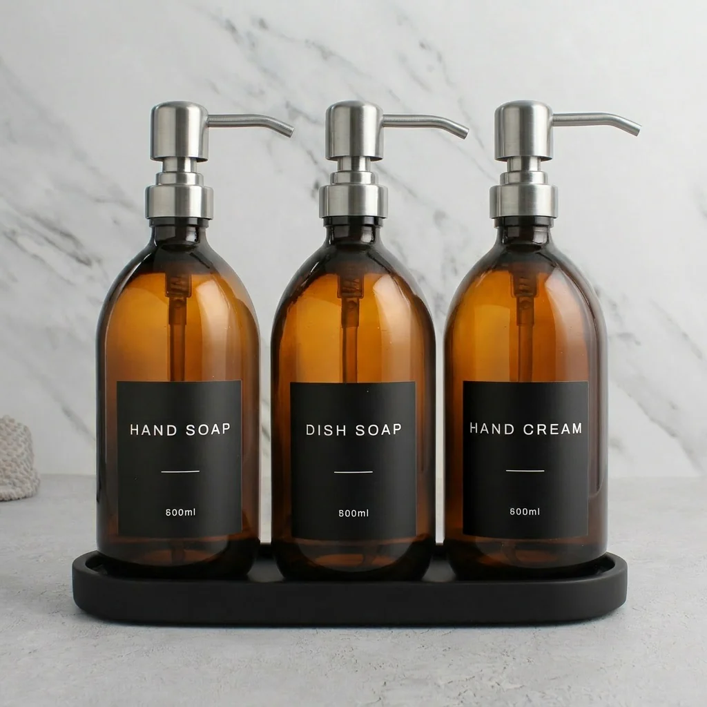 Black Tray & Amber Glass Dispenser Triple Set - Image 24