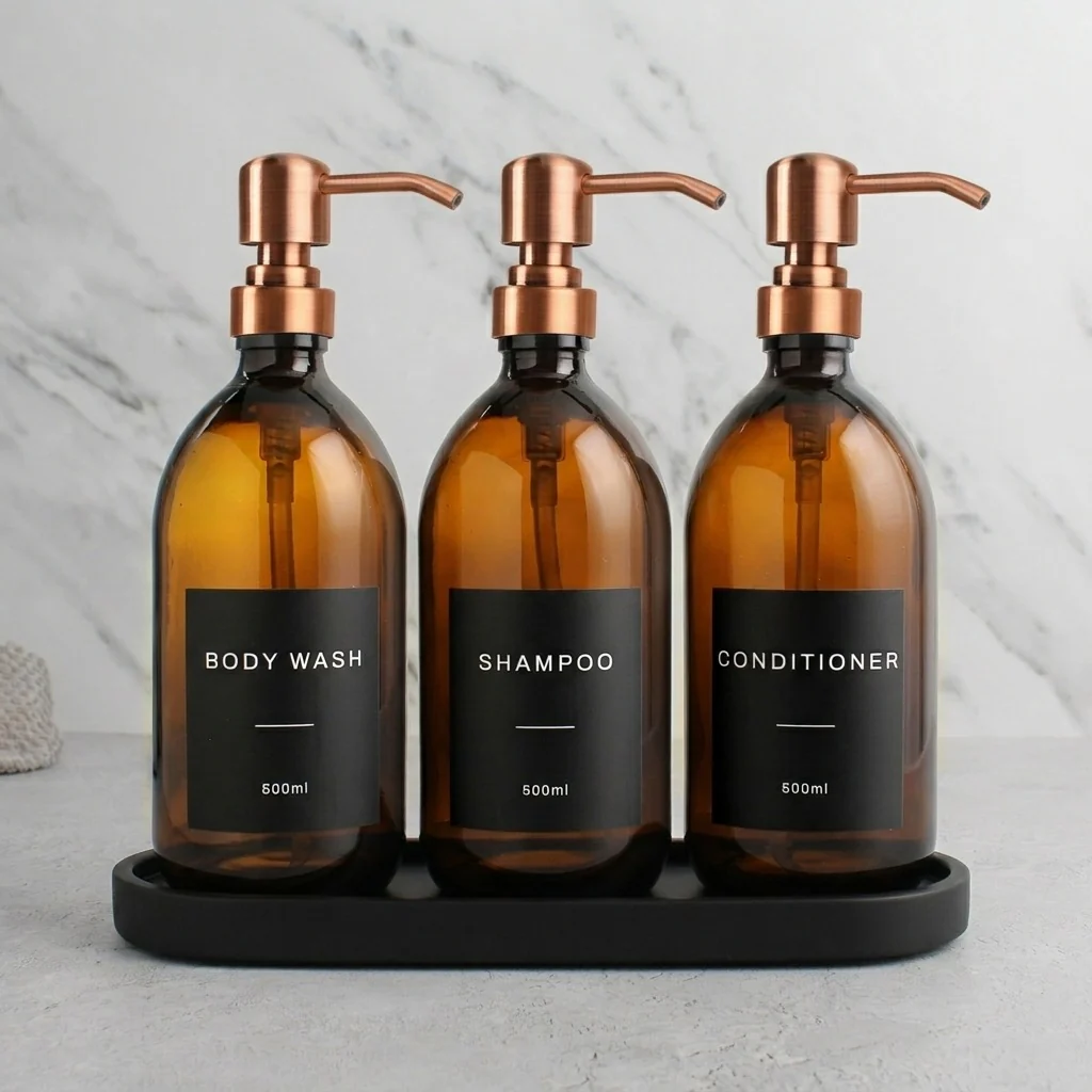 Black Tray & Amber Glass Dispenser Triple Set - Image 30