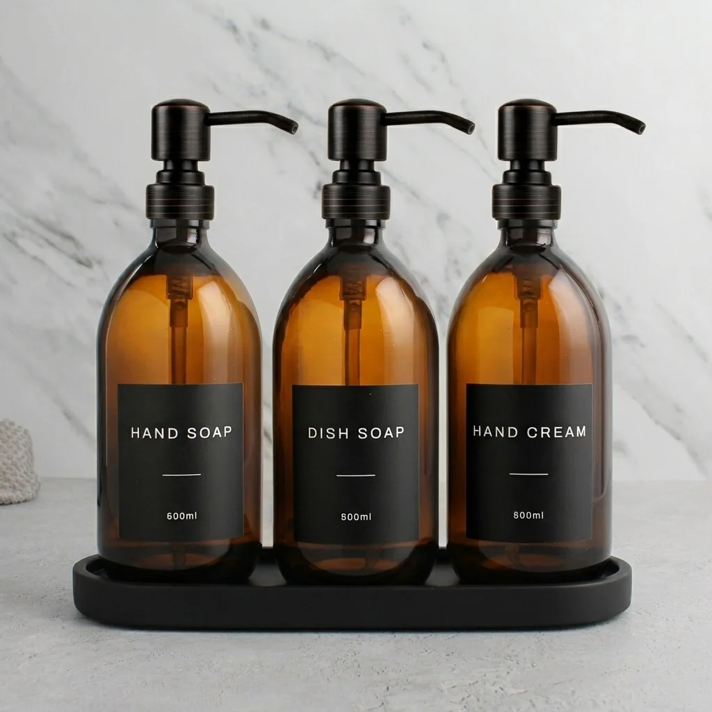 Black Tray & Amber Glass Dispenser Triple Set - Image 32