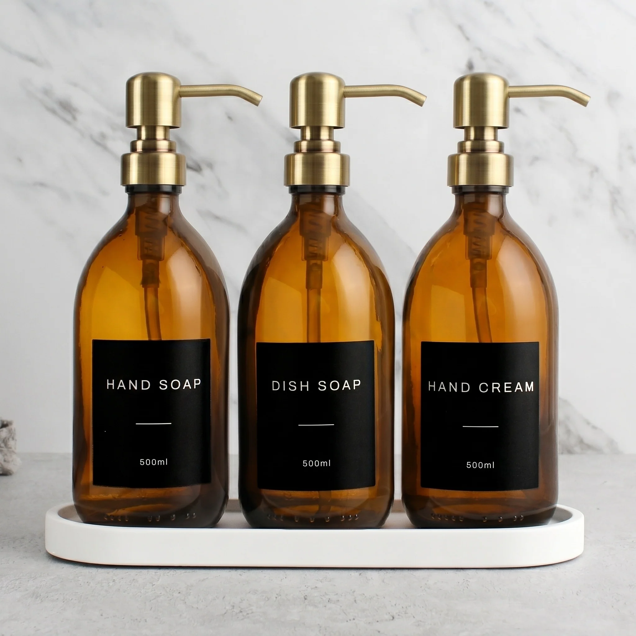 White Tray & Amber Glass Dispenser Triple Set - Image 10