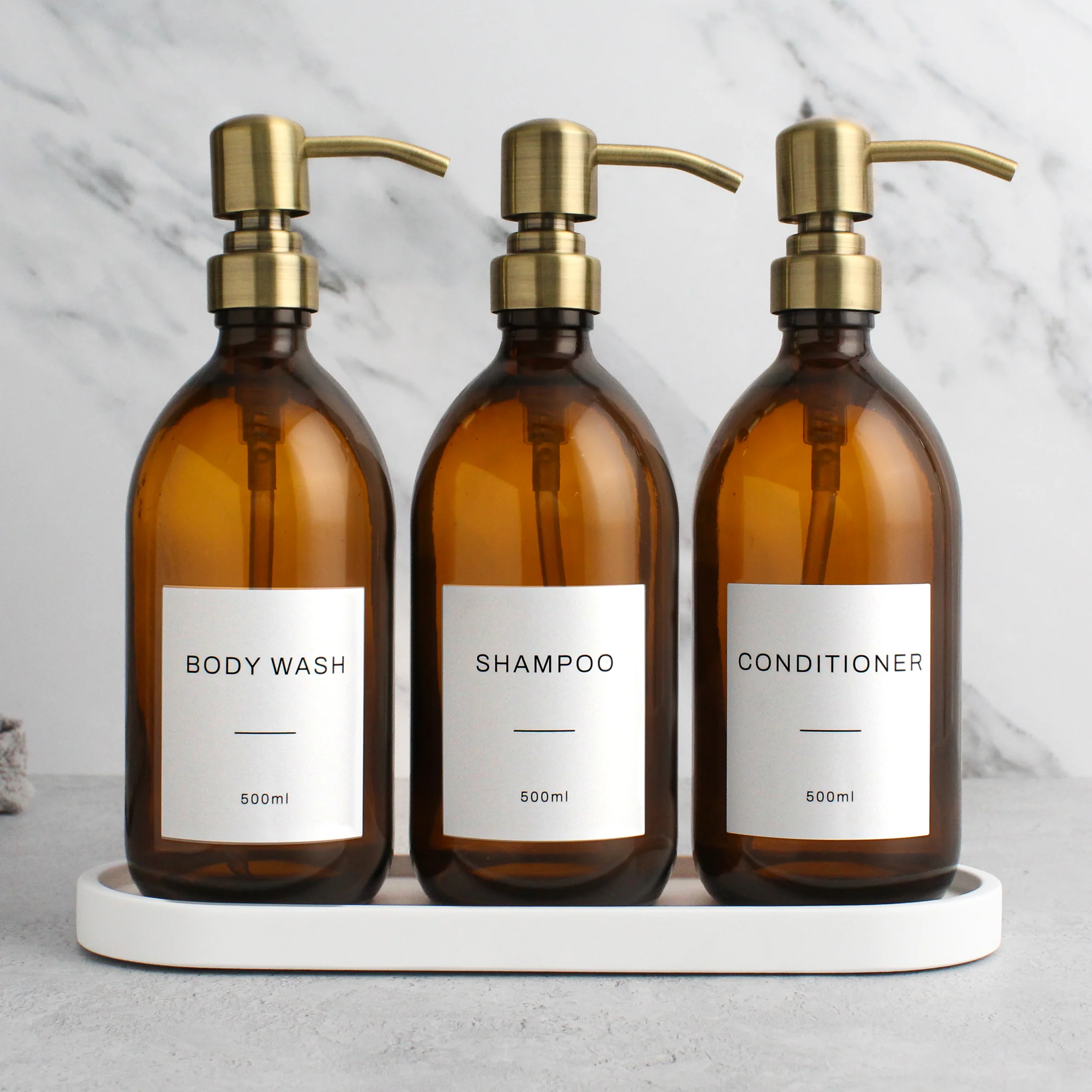 White Tray & Amber Glass Dispenser Triple Set - Image 11