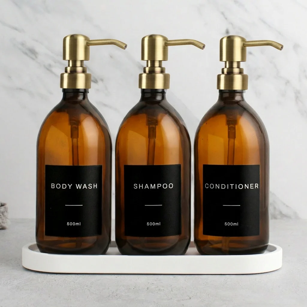 White Tray & Amber Glass Dispenser Triple Set - Image 12