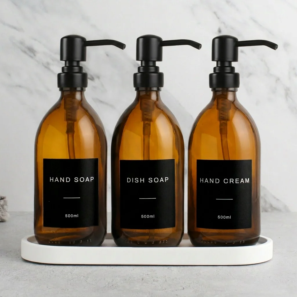 White Tray & Amber Glass Dispenser Triple Set - Image 14