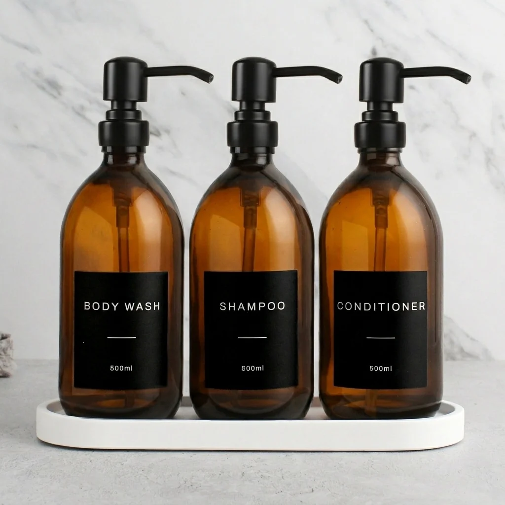 White Tray & Amber Glass Dispenser Triple Set - Image 16