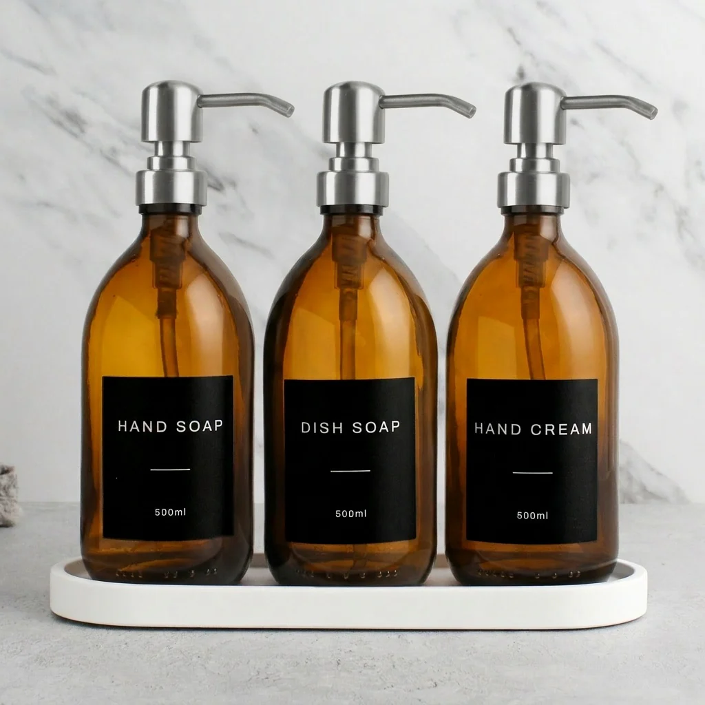White Tray & Amber Glass Dispenser Triple Set - Image 18