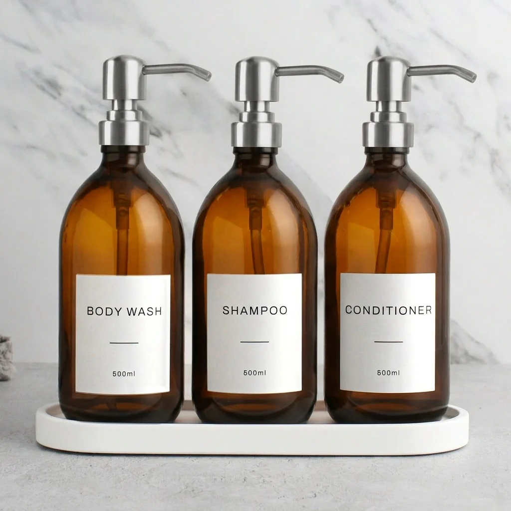 White Tray & Amber Glass Dispenser Triple Set - Image 19
