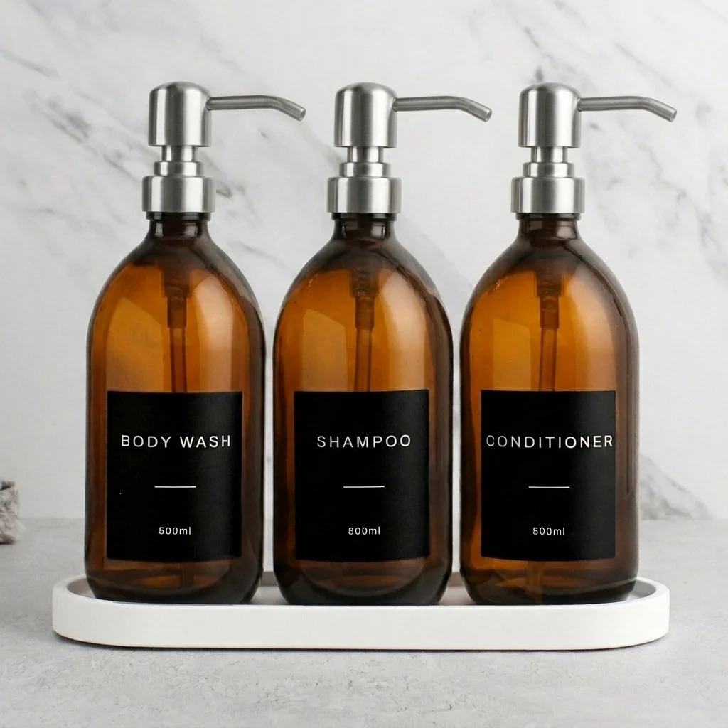 White Tray & Amber Glass Dispenser Triple Set - Image 20