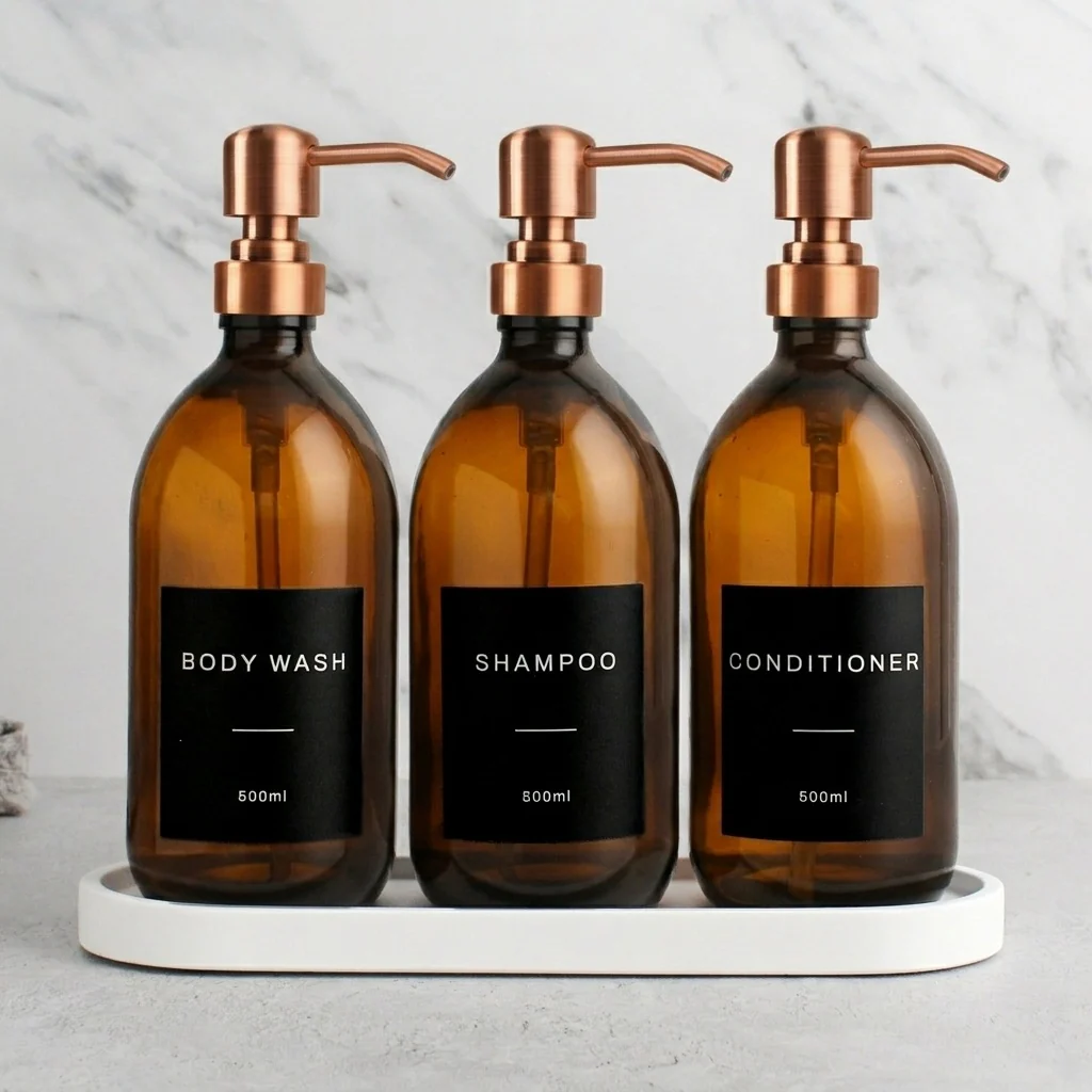 White Tray & Amber Glass Dispenser Triple Set - Image 24