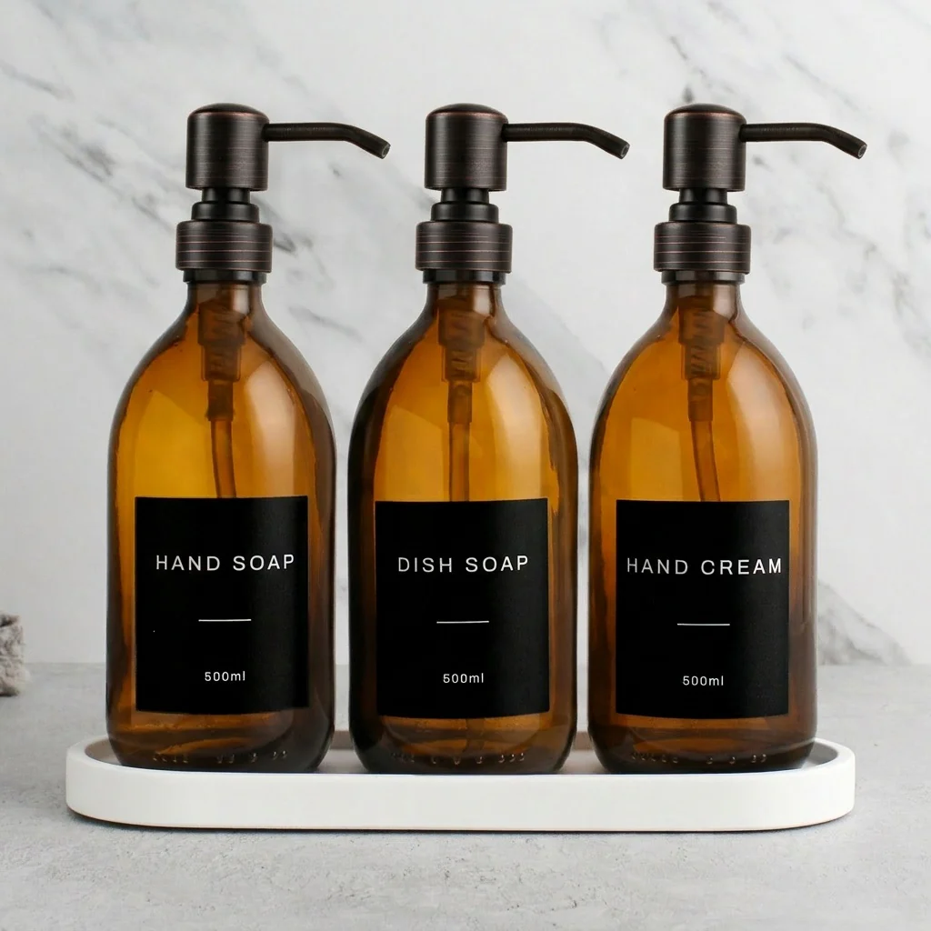 White Tray & Amber Glass Dispenser Triple Set - Image 26