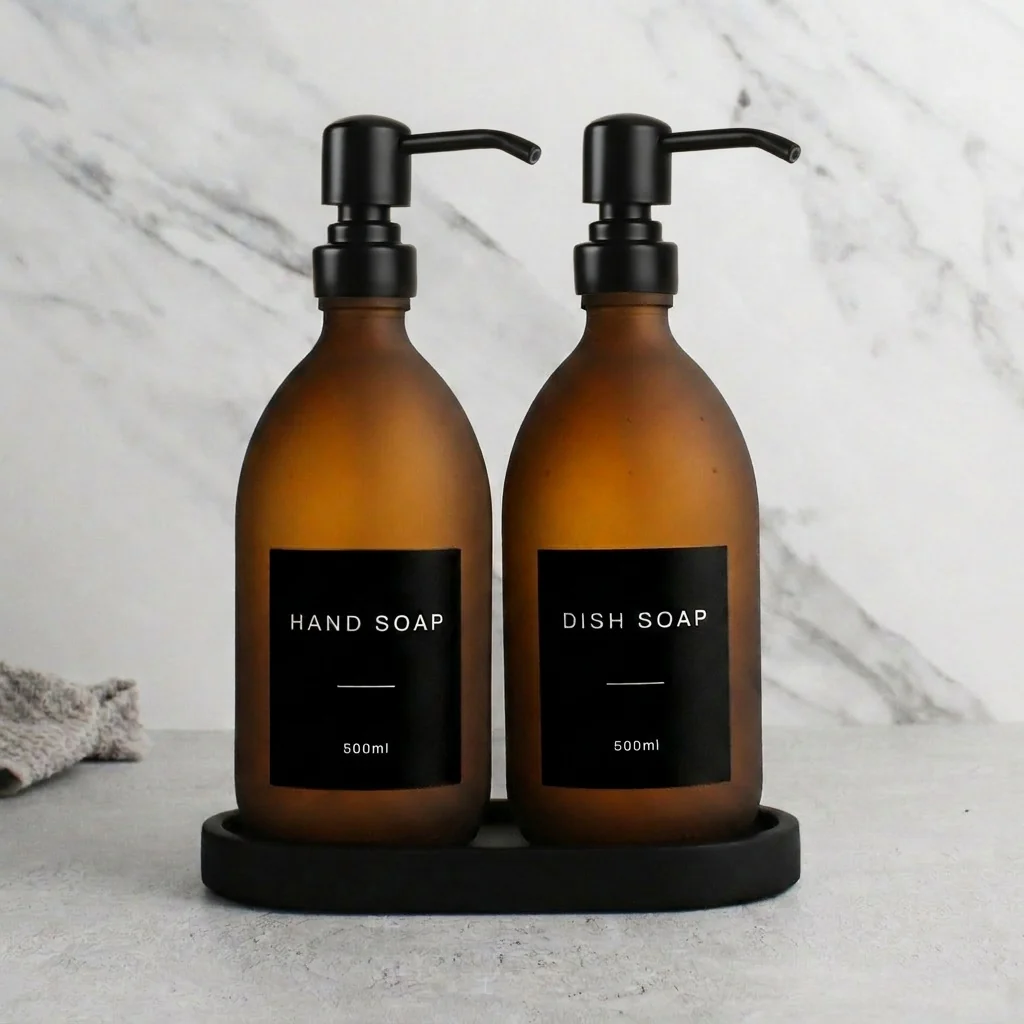 Black Tray & Frosted Amber Glass Dispenser Double Set - Image 15