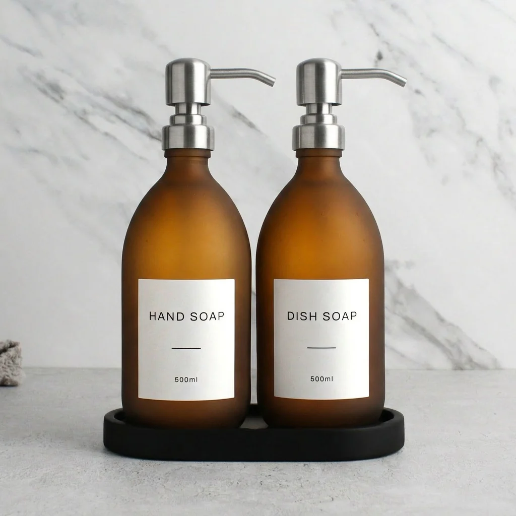 Black Tray & Frosted Amber Glass Dispenser Double Set - Image 18