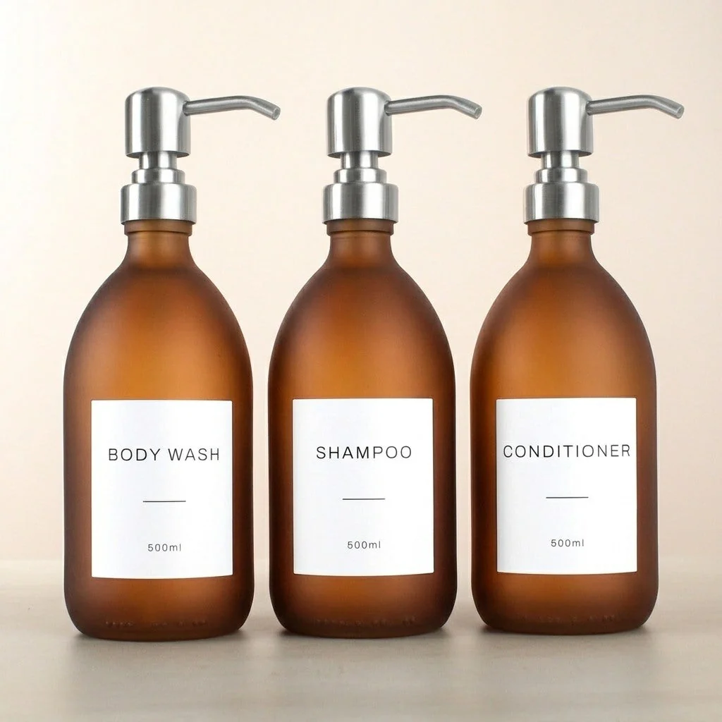 Body Wash, Shampoo & Conditioner Frosted Amber Glass Set - Image 11