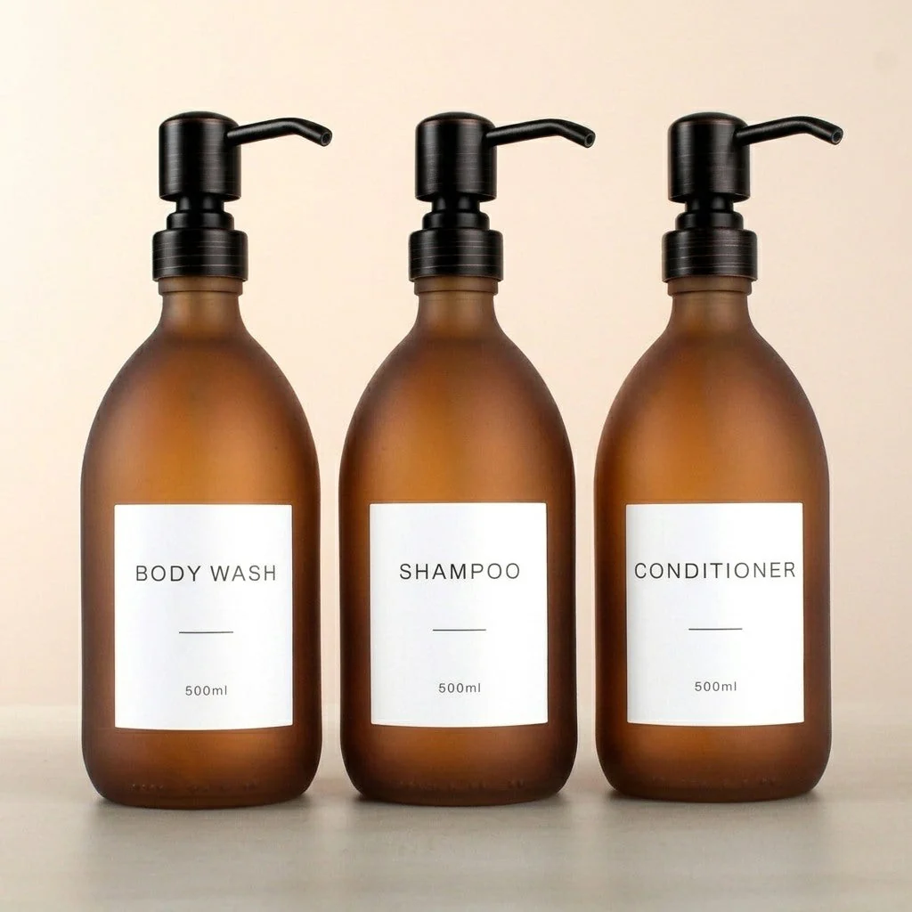 Body Wash, Shampoo & Conditioner Frosted Amber Glass Set - Image 19